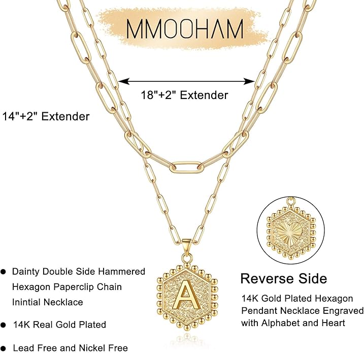 M MOOHAM Dainty Initial Necklaces for Women - Layering Necklace for Women Cute Hexagon Letter Initial Necklace Layered Necklaces for Womens Gifts