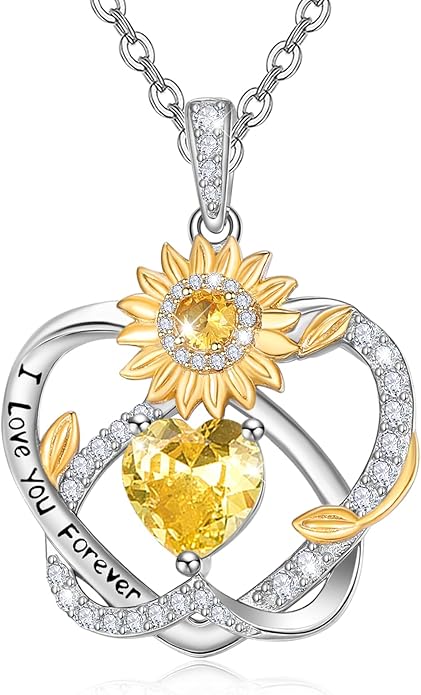 Zeuslia Double Birthstone Necklace Gifts for Wife - 925 Sterling Silver Sunflower/Rose/Crown Cross/Compass/Heart Pendant I Love You Necklace, Anniversary Birthday Gifts for Wife Girlfriend Mom Her