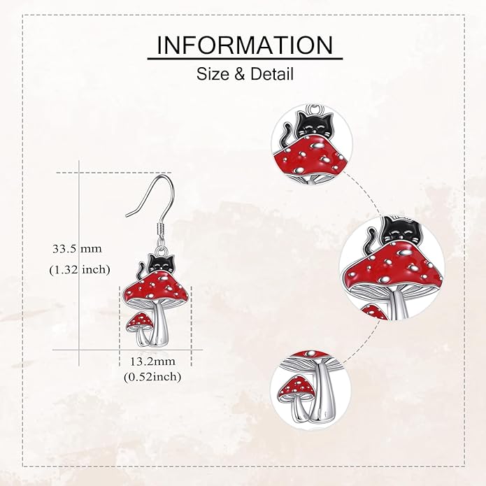 Black Cat Earrings 925 Sterling Silver Black Cat Mushroom Dangle Earrings Animal Jewelry Gifts for Women