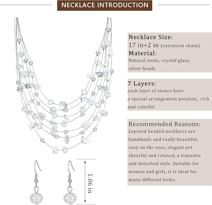 Multi-Layer Boho Shell Beaded Necklace for Women Colorful Crystal Strand with Silver Beads Statement Collars Necklace and Earrings Costumes Jewelry Sets for Women
