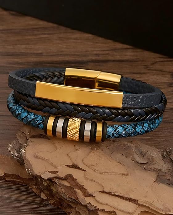 Italian Handmade Genuine Leather Bracelets for Men Stainless Steel Clip, Men's Casual Genuine Multi-layer Cuff Bracelet, Bracelet Gift for Real Men