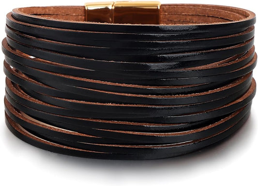 Edoneery Leather Wrap Bracelet for Women, Boho Handmade Multi-Layer Cuff with Crystal Beads Heart, Stackable Bangle Western Jewelry Gift