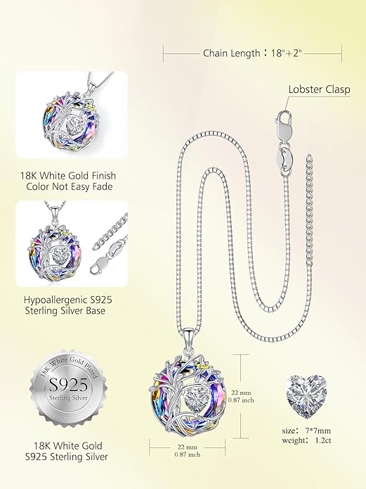 TOUPOP Christmas Gifts Tree of Life Birthstone Necklace 925 Sterling Silver Pendant Austrian Crystal Jewelry Anniversary Birthday Gifts for Women Mom Her Wife
