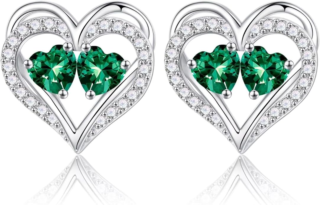 Iefil Birthstone Earrings for Women - 925 Sterling Silver Heart Earrings Anniversary Birthday Gifts for Women Wife Girlfriend Mom