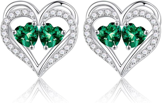 Iefil Birthstone Earrings for Women - 925 Sterling Silver Heart Earrings Anniversary Birthday Gifts for Women Wife Girlfriend Mom