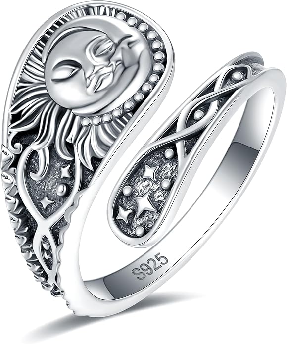 S925-Sterling-Silver Abalone Dragonfly-Turquoise Spoon Ring - Vintage Boho Sunflower Thumb Oxidized Wrap Rings Victorian Style Antique Floral Jewelry Gifts for Women