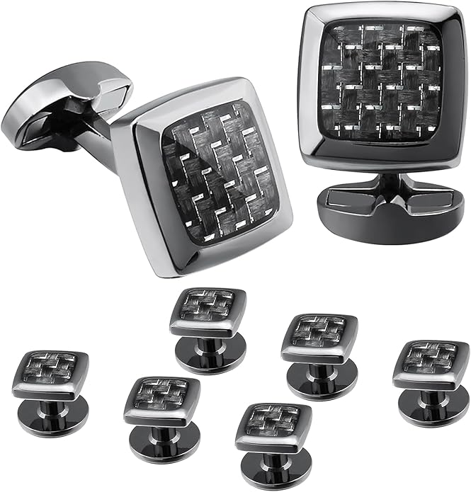 HAWSON Cufflinks and Studs for Men-Fashion Men Vintage Enamel Carbon Fiber Tuxedo Shirt Cufflinks and Studs Set for Regular Wedding Business Accessories