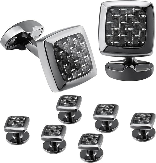 HAWSON Cufflinks and Studs for Men-Fashion Men Vintage Enamel Carbon Fiber Tuxedo Shirt Cufflinks and Studs Set for Regular Wedding Business Accessories