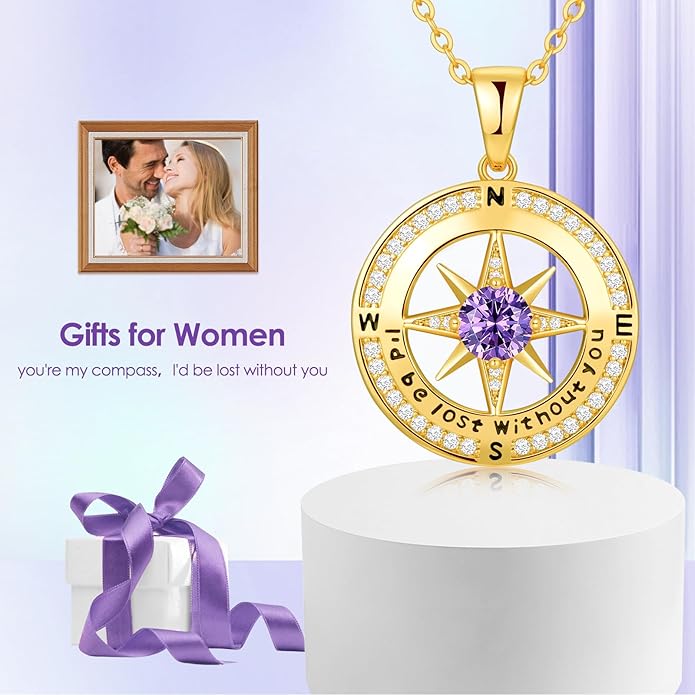 Zifeel Compass Necklace Gifts for Women wife - S925 Sterling Silver Birthstone Necklaces for Women - Anniversary Birthday Gifts for Her Wife Girlfriend - Valentines Mom Mothers Day Christmas Gifts Jewelry for Women