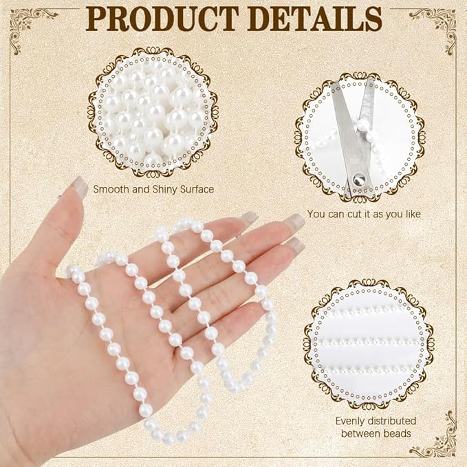 Pearl Beads Garland, 6mm String of Pearls, 82FT Pearl Garland for Christmas Tree, Christmas Faux Pearls Strand Roll for DIY Craft Xmas Wedding Party Supplies Flowers Decoration (White)