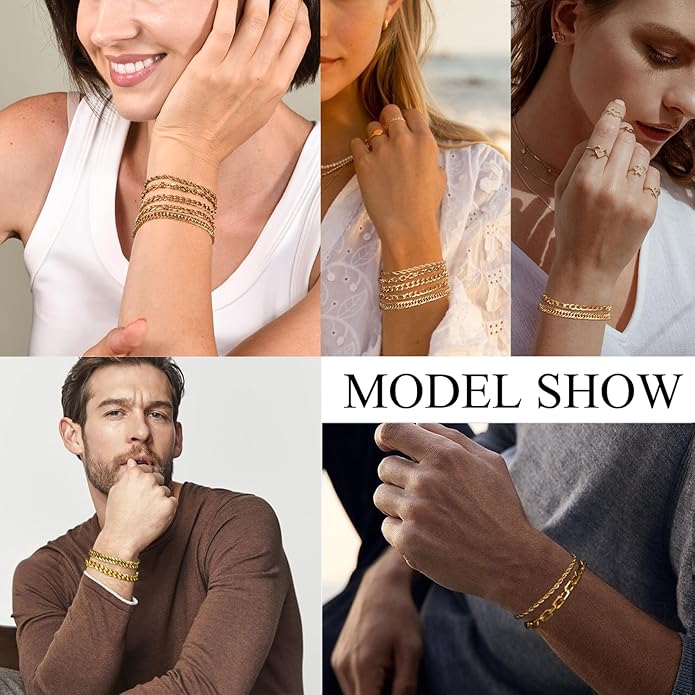 VNOX 5/7 Pcs Chain Bracelet for Men Women - Sturdy Stainless Steel Curb Width Cuban Link Chain Bracelet Set for Men Women,6.5/7/7.4/8.2/9 Inches