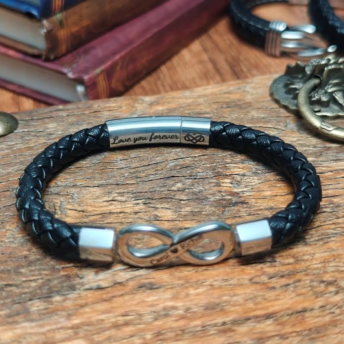 To My Man, Personalized Dual Name Infinity Leather Bracelet, Custom Name Text and Symbol Stainless Steel Braided Bracelet for Men/Women, for Xmas, Birthday, Anniversary, Valentine