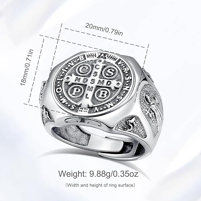 EUDORA S925 Sterling Silver St Benedict Ring San Benito Rings for Women Men, Vintage Ankh Cross Ring Saint Benedict Amulet Adjustable Rings Gifts for Women Mens Father Mother