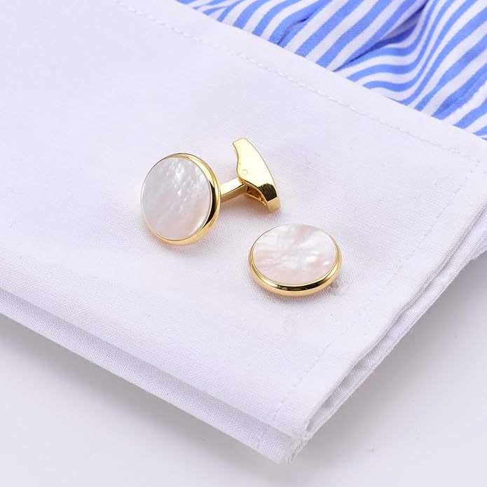 Jonwo Silver / 14K Gold Plated Natural Mother of Pearl Cufflinks for Men Women Classic Round Men's Cufflinks Jewelry for Wedding Party Anniversary Business Tuxedo Dress