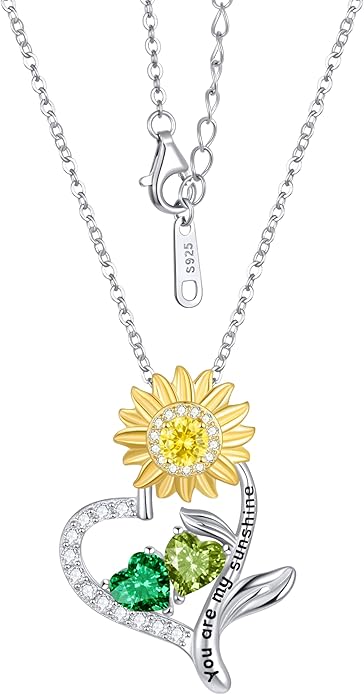 PERJI Valentine's Day Gifts for Women - 925 Sterling Silver Double Birthstone Sunflower Necklace, Anniversary Birthday Jewelry You are My Sunshine Gifts for Wife Couple Girlfriend 18"+2" Non Tarnish