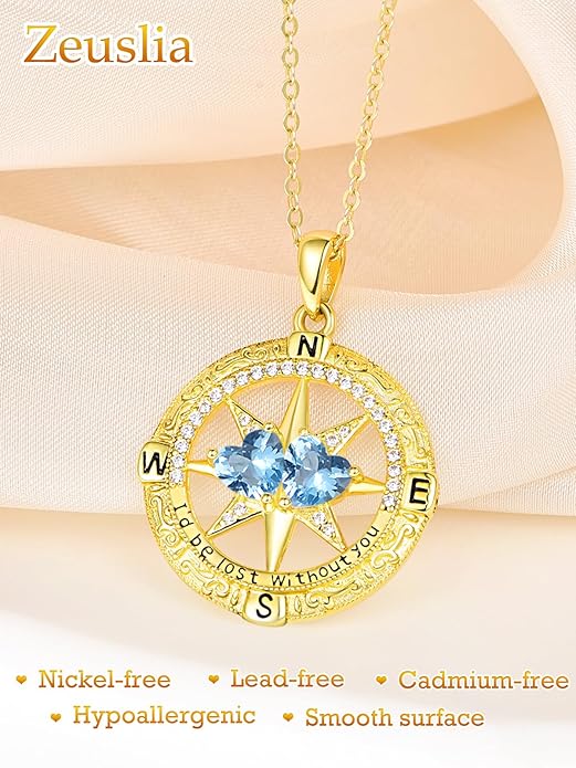 Zeuslia Double Birthstone Necklace Gifts for Wife - 925 Sterling Silver Sunflower/Rose/Crown Cross/Compass/Heart Pendant I Love You Necklace, Anniversary Birthday Gifts for Wife Girlfriend Mom Her