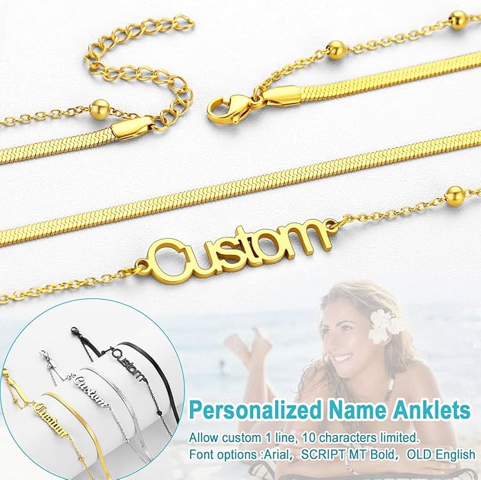 U7 Custom Layered Ankle Bracelets for Women Stainless Steel Bead/Cuban/Figaro/Rope/Wheat Chain Anklet Waterproof Anklet Jewelry for Beach Vacation