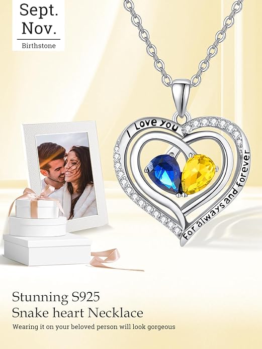 Zeuslia Double Birthstone Necklace Gifts for Wife - 925 Sterling Silver Sunflower/Rose/Crown Cross/Compass/Heart Pendant I Love You Necklace, Anniversary Birthday Gifts for Wife Girlfriend Mom Her