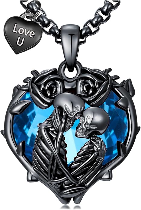 Flpruy 925 Sterling Silver Black Gothic Jewelry Gifts Skeleton Couple Pendant Crystal Birthstone Heart Necklace Punk Romantic Jewelry for Lover Men Women