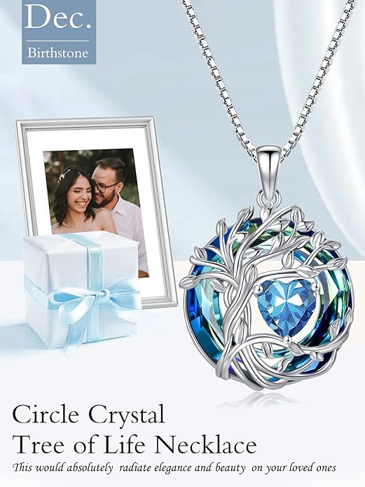 TOUPOP Christmas Gifts Tree of Life Birthstone Necklace 925 Sterling Silver Pendant Austrian Crystal Jewelry Anniversary Birthday Gifts for Women Mom Her Wife