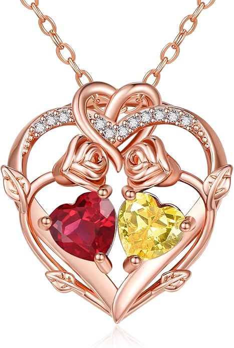 Rose Gold Necklaces for Women Double Birthstone Rose Flower Heart Pendant Necklace Jewelry Anniversary Christmas Valentine's Mother's Day Birthday Gift for Wife Mom Her Girlfriend Sister