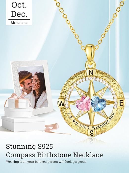 Zeuslia Double Birthstone Necklace Gifts for Wife - 925 Sterling Silver Sunflower/Rose/Crown Cross/Compass/Heart Pendant I Love You Necklace, Anniversary Birthday Gifts for Wife Girlfriend Mom Her