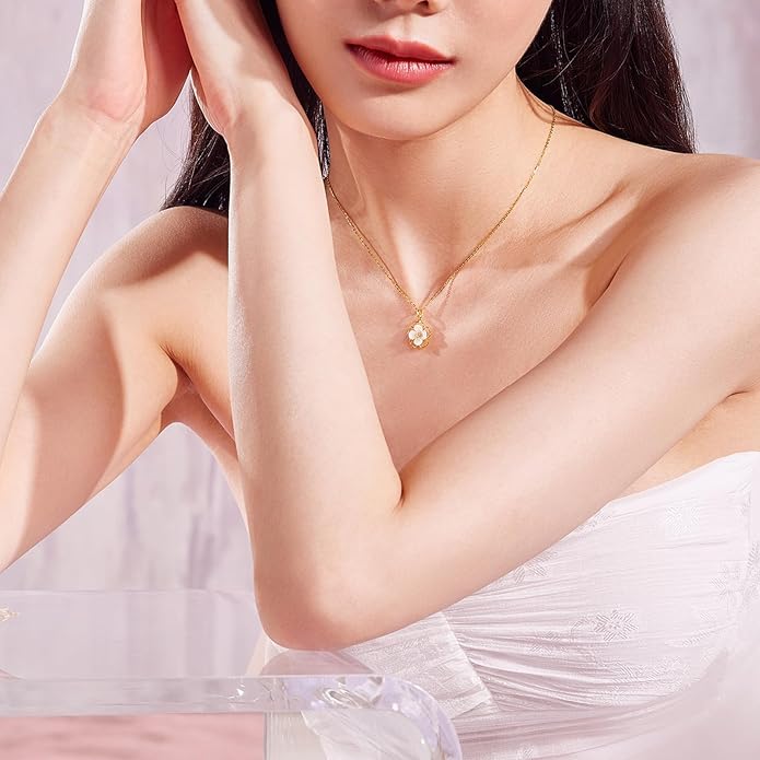 ZHOU LIU FU 18K Gold Hollow Floral Pendant with Mother of Pearl and Diamond Accents Delicate Jewelry Wedding for Bridge (Not Include Necklace) J0411914