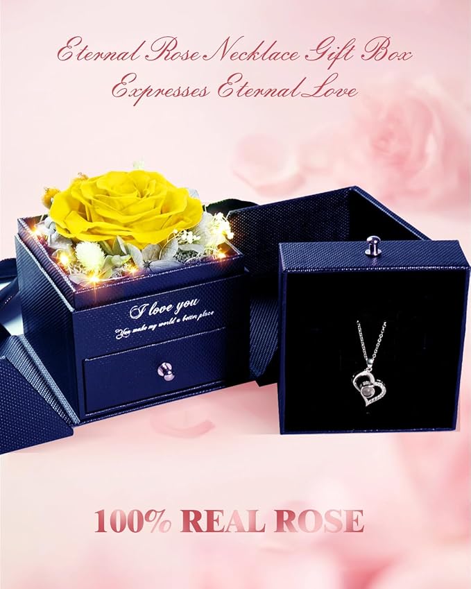 Birthday Gifts for Women, Preserved Real Roses with Heart Necklace I Love You in 100 Languages, Romantic Anniversary Wedding Gifts for Women Her Girlfriend Wife, Forever Roses Necklace Gift Box Yellow