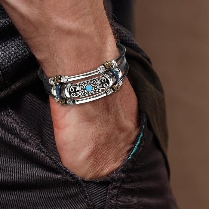 VIBILIA Vintage Leather Wrap Bracelets for Men Women, Multi-Strand Bracelets with Strong Clasp Ethnic Tribal Bracelets