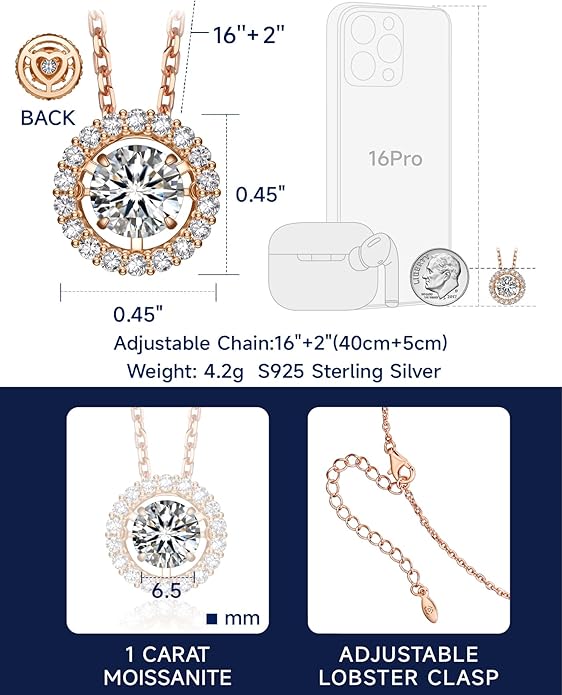 MomentWish Floating Necklace for Women, 0.5/1 Carat Dancing Moissanite Necklace for Her 925 Sterling Silver Pendant Anniversary Birthday Christmas Gift for Wife Mom Girlfriend