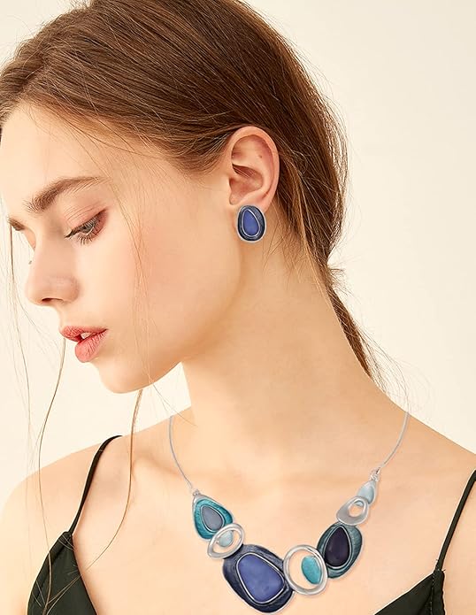 Vintage Chunky Statement Jewelry Set Retro Leaf Floral Geometric Bohemian Boho Bib Necklace Earring Set Fashion Costume Jewelry for Women Girls Wedding Party Prom Unique Gift