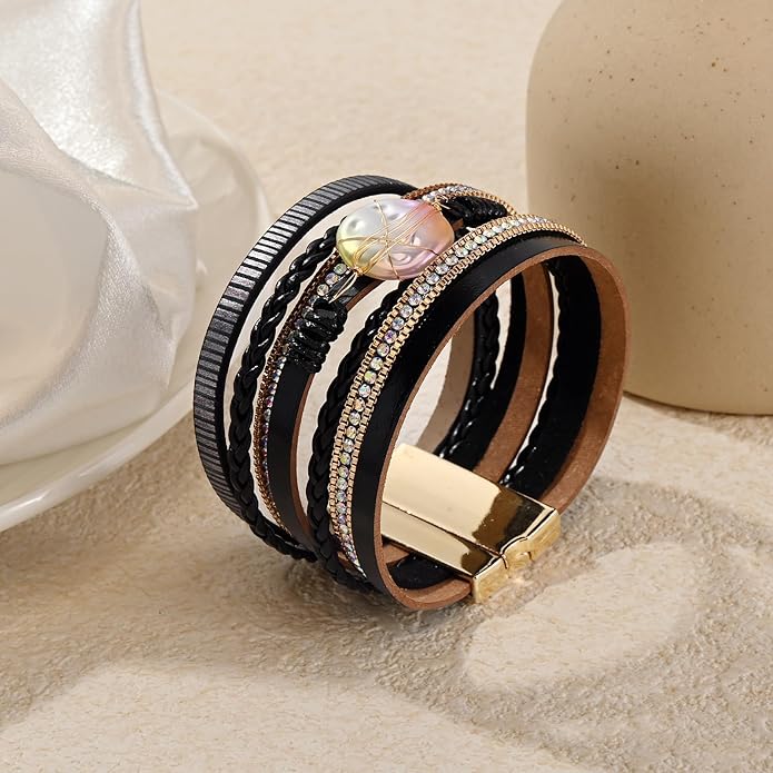 ENGCKSHI Wrapped Bracelets for Women,Leather Bracelet,Boho Bracelets for Women,Multi-Layer Pearl Crystal Bracelet Bangle Jewelry