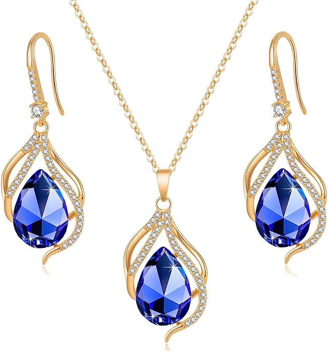EVEVIC Austrian Crystals Teardrop Hollow Twisted Pendant Necklace Earrings for Women 14K Gold Plated Halo Drop Dangle Earrings Hypoallergenic Jewelry Set