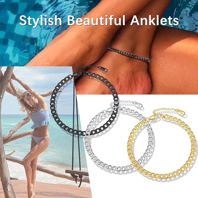 PROSTEEL Stainless Steel Chain Anklets for Women, Silver/Gold Tone, Ankle Bracelets Hypoallergenic, 8-10.5 Inch Adjustable, Come with Box