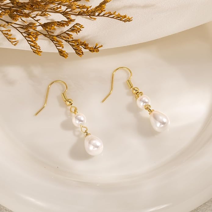 Moodear Dainty Pearl Dangle Earrings for Women - Trendy 14K Gold Plated Pearl Hypoallergenic Drop Earring Wedding Jewelry Gift