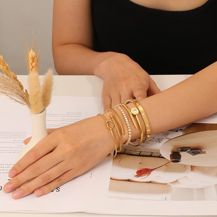FAFUGA 18 K Gold Plated Love Bangle Bracelet Stack Cuff Jewelry for Women Jewelry Set for Women Gift with Box