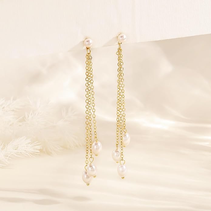 Moodear Dainty Pearl Dangle Earrings for Women - Trendy 14K Gold Plated Pearl Hypoallergenic Drop Earring Wedding Jewelry Gift