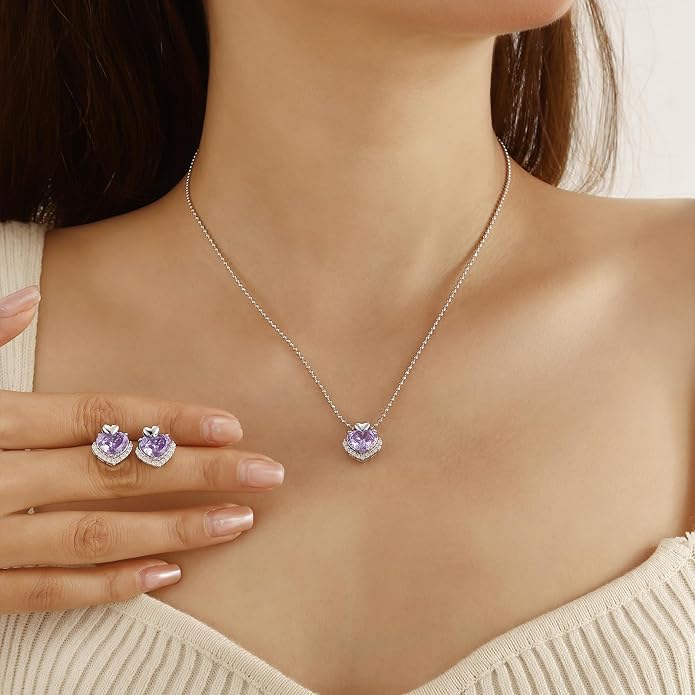 Ydou Love Heart Necklaces and Earrings with Rose Cut Birthstone Silver Plated Elegant Jewelry Set for Women CS0002