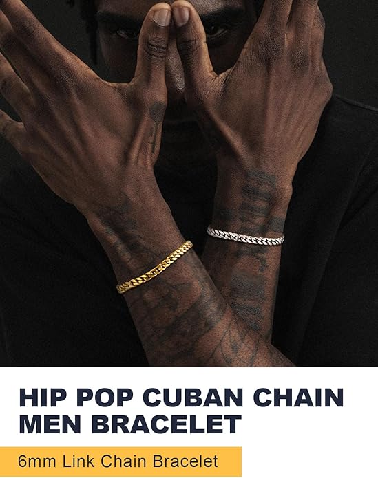 U7 Link Bracelets for Men, Cuban Link/Rope/Watch Band Solid Bracelet, Silver Black Gold Color Wrist Bracelet 3/6/9/12/15mm Width, 6.5/7.5/8.3 Inch Length, Hand Chain Jewelry for Mens Women