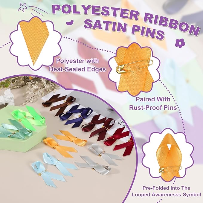 PATIKIL 50 Pcs Polyester Ribbon Satin Pins, Satin Ribbon with Safety Pins for Charity Public Social Event Party Clothing Decoration Anniversary, Gold
