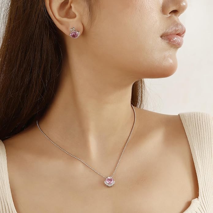 Ydou Love Heart Necklaces and Earrings with Rose Cut Birthstone Silver Plated Elegant Jewelry Set for Women CS0002