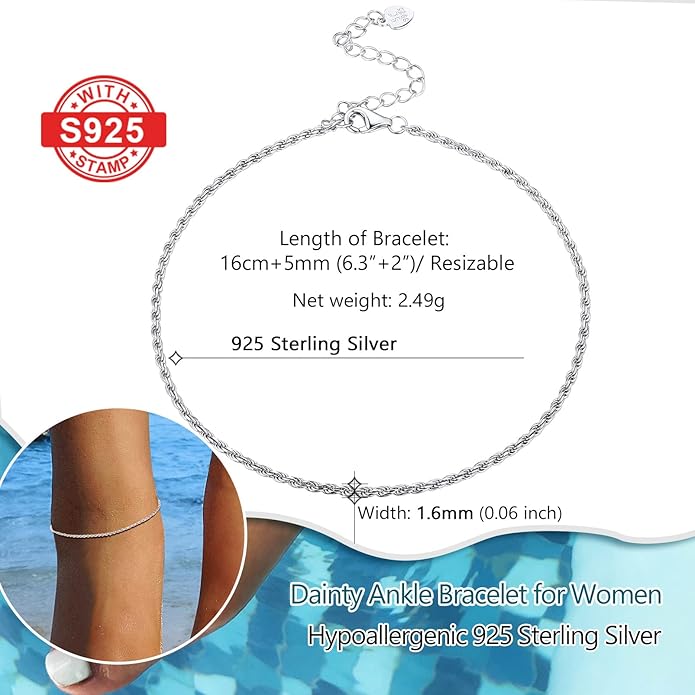 PROSILVER 925 Sterling Silver Ankle Bracelets For Women, Stylish Chain Anklets, Summer Beach Jewelry, 8.6-10.6 Inch Adjustable, Come with Box