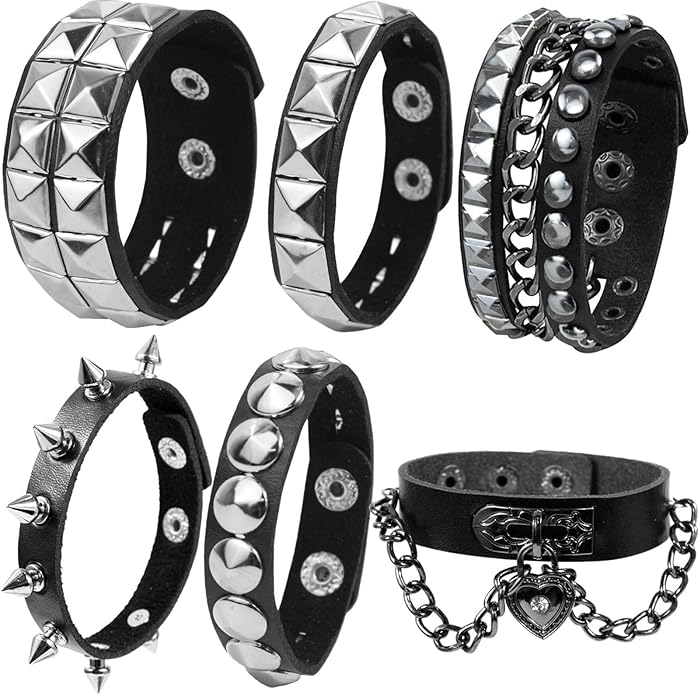 LAPOHI 6 PCS Leather Bracelets for Men Women Punk Goth Rock Spiked 80s Stuff Cool Metal Studded Accessories Black Cuff Wristband for Party Cosplay Night Club Sexy Gift Halloween