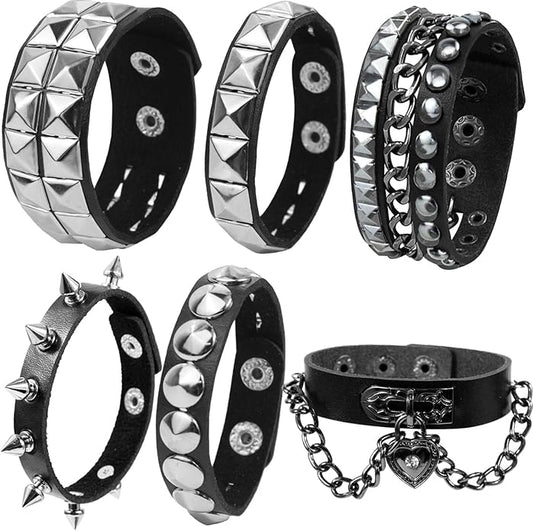 LAPOHI 6 PCS Leather Bracelets for Men Women Punk Goth Rock Spiked 80s Stuff Cool Metal Studded Accessories Black Cuff Wristband for Party Cosplay Night Club Sexy Gift Halloween