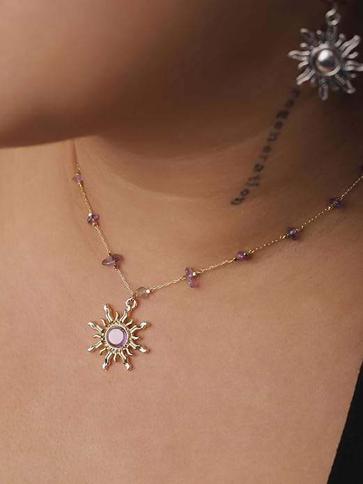 Sacina Sun Choker Necklace, Natural Crystal Necklace, Boho Hippie Jewelry, Christmas Jewelry Gift For Women
