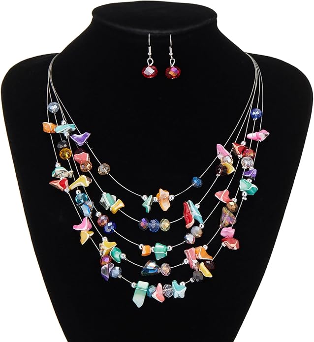 Multi-Layer Boho Shell Beaded Necklace for Women Colorful Crystal Strand with Silver Beads Statement Collars Necklace and Earrings Costumes Jewelry Sets for Women