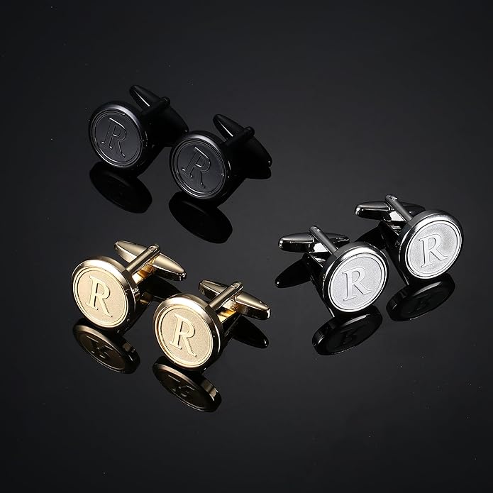 LOLIAS 3 Pairs Initial Cufflinks For Men Classic Mens CuffLinks Set Letter Cuff Links for Casual to Formal with Gift Box Silver Black 14K gold plated Cufflinks for Father Husband