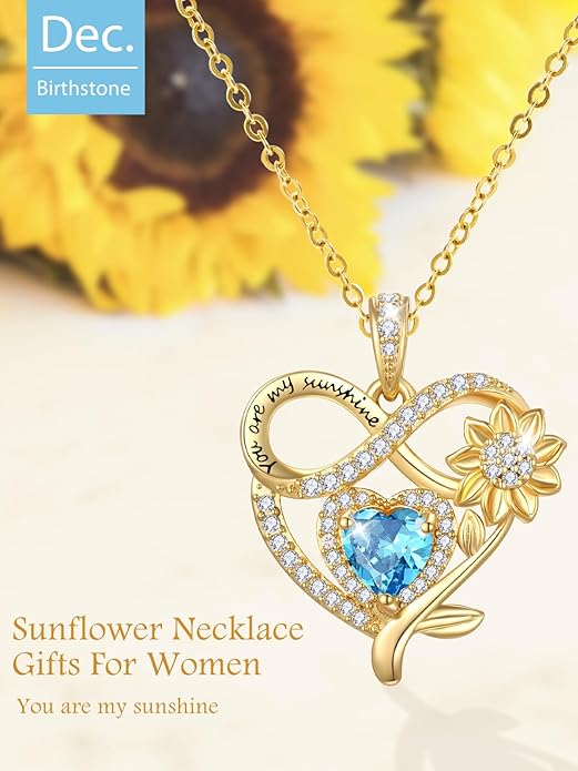 14K Gold Sunflower Heart Necklace for Women, You Are My Sunshine Jewelry with Birthstone Pendant, Anniversary Birthday Gifts for Her Wife Mom Grandma Daughter