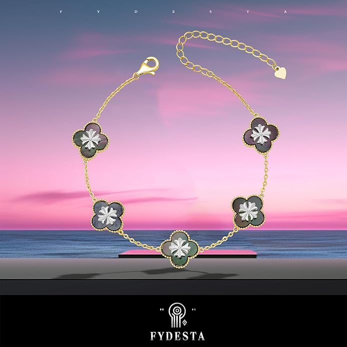 Fydesta 18K Gold Plated Clover Bracelet, Mother of Pearl Four Leaf Flower Bracelet for Women, 6.9" + 2" Adjustable Bracelet, Cross Motif, Gold or Silver Tone