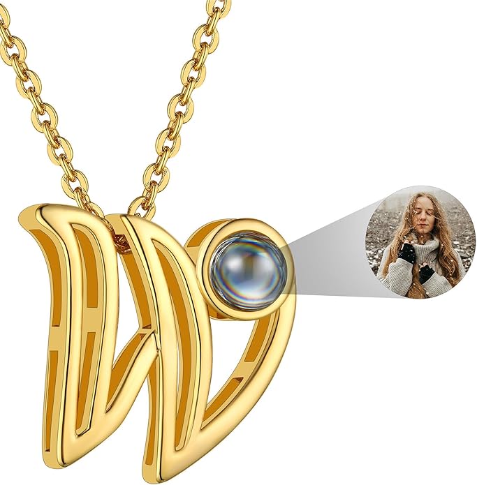 Custom4U Personalized Initial Picture Necklace for Women, Projection Necklace with Picture Inside, Gold/Silver Letter Pendant Necklace, Custom Photo Gifts for Mom Wife Birthday Valentines